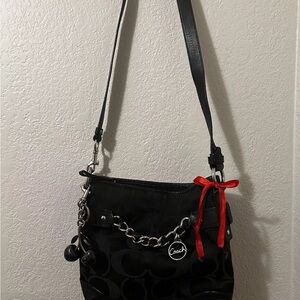 Coach Black Shoulder Bag with Red Bow and keychain